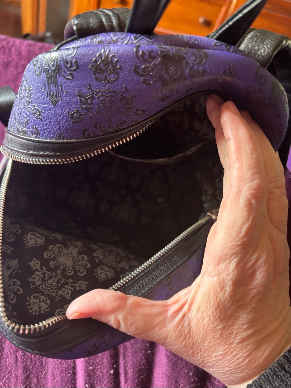 Loungefly Purple Mini Backpack with Black Damask Print - Picture 2 of 3